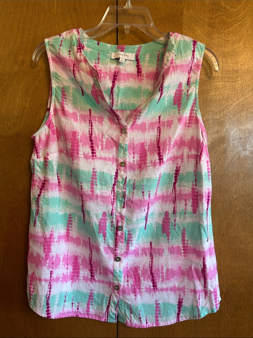 Coral Bay Women’s Sleeveless Button-Front Tie-Dye Tank Top in Pink & Mint